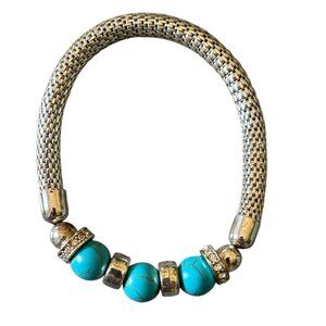 Stretch Bracelet with Silver, Turquoise Beads & Rhinestone Accents
